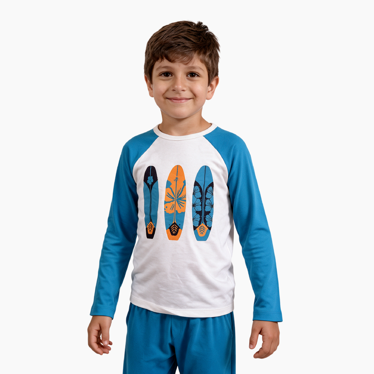 Conjunto de Pijama, Camiseta Manga Larga Infantil con Estampado de Tablas de Surf y Mono